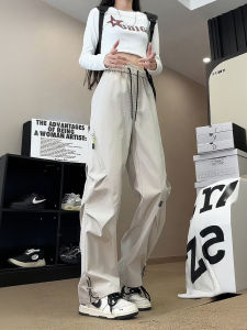 Outdoor Khaki Functional Hiking Pants Mens Autumn Folded Paratrooper Mountain Climbing Loose Straight Three-Proof Casual Trousers