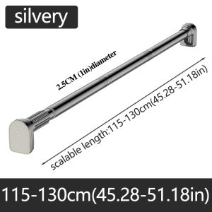 Silvery Adjustable Stainless Steel Shower Curtain Rod Clothes Drying Rack No-Drill Telescopic Pole for Laundry Room Bathroom