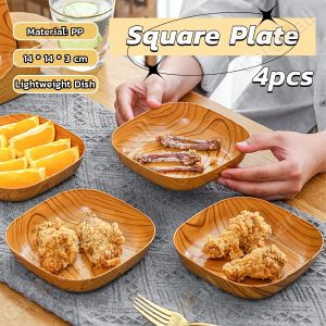4pcs Plate Set Kitchenware Plastic Wooden Design Square Snack Tableware Kitchen Supplies