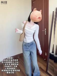 PEIZIXUAN | Áo Thun Dài Tay Trắng Phong Cách Off-Shoulder Có Ren