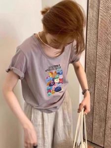 Áo Thun Tay Ngắn Màu Tím Rộng Rãi Thoải Mái Đa Năng Thiết Kế Hoạt Hình Mùa Hè Mới Cho Nữ