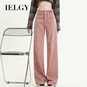 Quần bò màu hồng ielgy quần lau nhà thiết kế viền thô hai hàng cạp cao dễ phối cho nữ