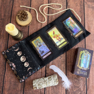 Lunar Phase Tarot Card Storage Pouch Floral Celestial Moon Storage Bag Table Cloth For Divination Stars & Tarot Cards Wrap Pouch