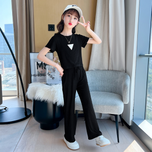 Girls Summer Casual Outfit Korean Style Wide Leg Pants Short Sleeve T-Shirt Two Piece Set Childrens Fashionable Clothing Set