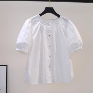 Yao Kexin Thương Hiệu Giảm Giá Thời Trang Mùa Hè Áo Sơ Mi Cotton Nữ Dáng Rộng Bong Bóng Tay Sơ Mi Đa Năng Hàng Đầu Thiết Kế Cổ Tròn