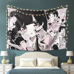 VIKAMA Đen Hồng Pixel Anime Tấm Thảm Ngọt Ngào Thoáng Mát Trang Trí Phòng Treo Tường Vải Polyester Cho Gia Đình Phòng Khách Phòng Ngủ