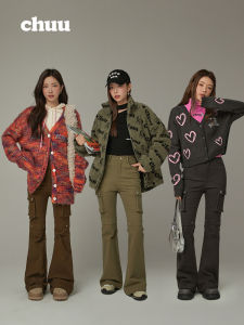 CHUU High Waist Pocket Rivet Micro Flare Casual Pants Womens New Style Autumn 2025 Slim Long Trousers Comfortable Cotton Blend