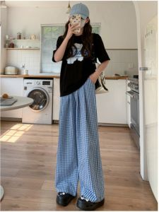 เอวสูง Retro Casual เดินกางเกงผู้หญิงฤดูร้อนใหม่หลวม Fit อเนกประสงค์ขาตรงลายสก๊อตสีฟ้ากางเกงขากว้าง