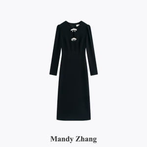 Elegant French Blue Crystalline Bow-Decorated Long-Sleeved Dress Autumn