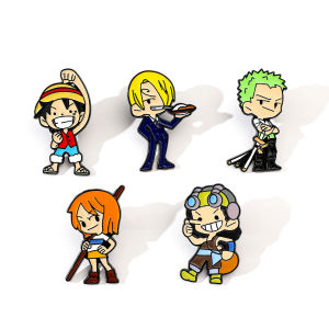 Bandai | 5 Móc Khóa Men Gốm Hoạt Hình ONE PIECE - Huy Hiệu Thành Viên Zoro Luffy Dễ Thương Dùng Trang Trí Ba Lô Quần Áo Mũ Trang Sức Phụ Kiện Kim Loại Quà Tặng