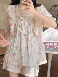 Womens Summer Sleepwear Set with Chest Pad Pure Cotton Short Sleeve Sweet Home Clothes Two-Piece Korean Style Cute Home Suit