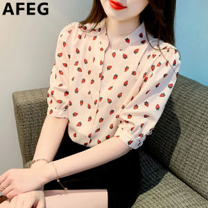 AFEG Korean version V-neck fashion loose temperament strawberry pattern printed chiffon five-point sleeve blouse for women