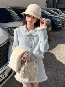 Fashionable Short Doll Collar Suit Set for Women in Autumn Winter Polyester Woolen Mini Skirt And Jacket Combo