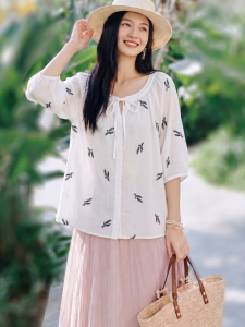 Basic House | French White Cotton Printed 3/4 Sleeve Womens Shirt