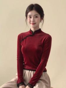 XIUMEI | Chinese Style Red Lace Collar Velvet Blouse