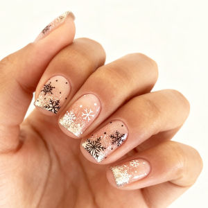 เล็บปลอมแบบกดติด 24 ชิ้น ทรงสี่เหลี่ยม ปิดคลุมเล็กน้อย ลายเกล็ดหิมะ ประกายทอง ใช้ซ้ำได้ เหมาะสำหรับใส่ในเทศกาลคริสต์มาส
