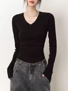 Elegant V-Neck Long Sleeve T-Shirt Womens Slim Fit Luxury Style Versatile Base Layer Shirt Inner Outer Wear Waist-Cinching