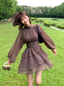 Sweet Elegant Long Sleeve Chiffon Dress Womens Spring Spicy Girl Lace Trim Slimming Waist Puffy Cake Skirt High Waist round Neck