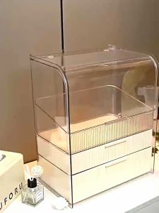 กล่องใส่เครื่องสำอาง ไม่ต้องติดตั้ง ฝาปิด ลิ้นชัก กันฝุ่นกันชื้น ความจุขนาดใหญ่ กล่องเก กล่องเก็บเครื่องสำอาง PET