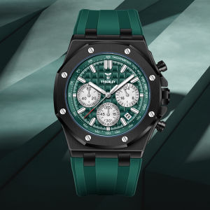 TYBERLEY 2025 New Retro Green Mens Luxury Quartz Watch Sports Chronograph Luminous Waterproof Watch men Silicone Grid literal