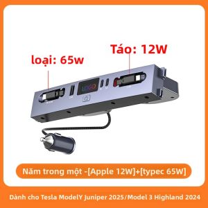 Cổng Kết Nối Mở Rộng USB HUB Sạc Nhanh 65W TPYE-C Cho Tesla Model Y Model 3 Highland 2024 Ra Mắt Mới Juniper Central Control