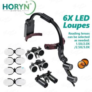 Horyn 6X ทันตกรรม Loupes 2.5X 3.5X เปลี่ยนแว่นขยายกล้องส่องทางไกล 5W LED ไฟหน้าผ่าตัด