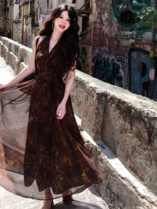 ZHENMANZI | Summer Beautiful Retro Hong Kong Style V-neck Chiffon Dress Womens Clothing Holiday Vacation Slimming Waist Hanging Neck Long Dress