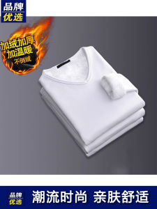 Thickened Fleece Long Sleeve V-Neck Mens T-Shirt Autumn Winter Thermal Wear Slim Fit Casual Pure Color Warm Top Fashionable Street Style
