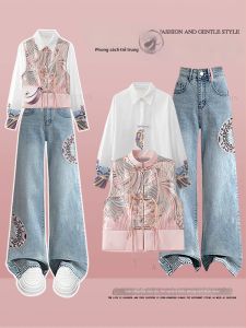 NUMEN BUTTON | Plus Size Chinese Style Suit Mandarin Collar Cheongsam Blouse Embroidered Jeans Set