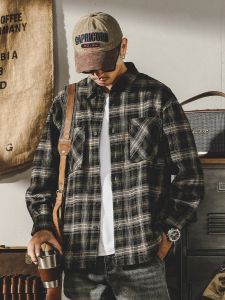 American Style Retro Plaid Long Sleeve Cotton Shirt Mens Casual Loose Fit Versatile Spring Autumn Outerwear for Youth