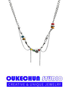 OUKECHUN Colorful Stone Tassel Necklace Unique Design Minimalist Style Womens Fashion Accessory Premium Sensation Clavicle Chain