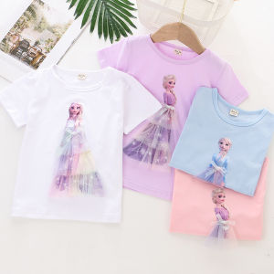 Girls Cotton Elastic Three-Dimensional Cartoon Princess Short-Sleeved T-shirt Summer Thin Children Baby Fashionable round Neck Top