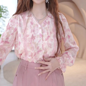SHUAIYUE | Áo Blouse Chiffon Hoa Cổ V Đỏ Nhạt Tay Dài