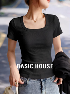 Basic House | Black Square Neck Shoulder Fitted Womens Top