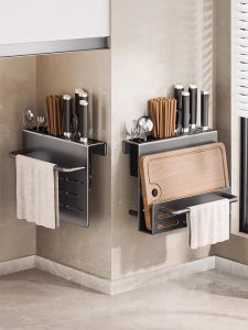 Kitchen Storage Rack Carbon Steel Knife Holder Drill Board Rack No Drilling Required Chopsticks Basket Wall Mounted Organizer