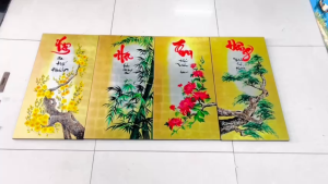 Bộ Tranh sơn mài 4 tấm XUÂN HẠ THU ĐÔNG size 60x120 cm nền dát vàng cao cấp hàng xuất khẩu