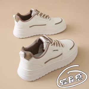 Casual Thick Bottom Leather Sneakers Womens Shoes Versatile Spring Autumn New Style Korean Version Dad Shoes Breathable Inner Material