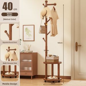 Solid Wood Floor-Standing Coat Rack Bedroom Living Room Vertical Clothes Hanger with Small round Table Storage Rack Simple Movable Rod