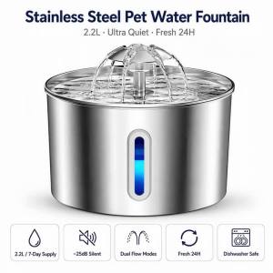 Stainless Steel Pet Water Fountain 2.2L Automatic Cat Drinking Fountain with 8 Filters Quiet Pump