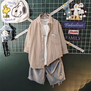 Japanese Style Vintage Stripe Three-Quarter Sleeve Shirt Mens Suit Summer Thin Loose Casual Half Sleeves Shirt Coat Trendy
