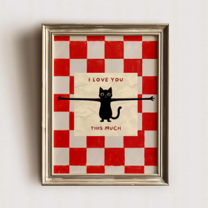 Affectionate Cat Love Wall Art - Sweet Print Celebrating Unconditional Love. The Classic Checkered Background and Playful Cat Il