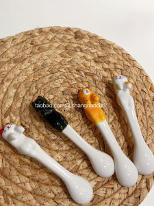 Cute Cat Ceramic Coffee Spoon Dessert Spoon Stirring Spoon Wall Hanging Cup Holder Korean Style Cartoon Home Dining Utensils