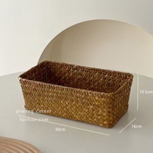 Woven Rectangular Cosmetic Storage Box Desktop Snack Miscellaneous Items Organizer Basket Grass Craft Household Storage Basket