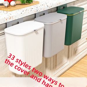 Kitchen Wall-Mounted Trash Can with Lid In-Door Bathroom Home Use No-Punching Fly Storage Rectangular 10L Capacity PP Material