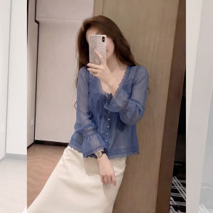 HUANJI | Elegant Blue Lace V-Neck Long Sleeve Shirt Big Size
