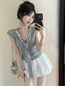 GUZILIAN | เสื้อยืดแขนกุดทรงเข้ารูปพิมพ์ลายดอกไม้สไตล์เกาหลีสำหรับฤดูร้อน ชุดกระโปรงสั้นสองชิ้น ชุดทำงานสไตล์เกาหลีสำหรับผู้หญิงวัย 18-24 ปี