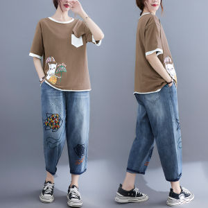 Shalldoer | Retro Style Denim Wide Leg Pants Set With T-Shirt
