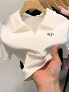 Womens Casual polo shirt Plain Embroidery T-Shirt Coquette cotton semi Crop top