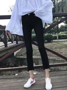 ขาตรงบาง กางเกงยีนส์ สูง เอว พรางหุ่น ผู้หญิง ฤดูร้อน ล้างบาง ผ้าฝ้าย ยืด เดนิม กระเป๋ายาวข้อเท้า ซิป ปิด