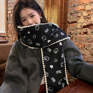 ผ้าพันคอไหมสีแดงลายแมวสไตล์เกาหลีสำหรับผู้หญิงในฤดูหนาว ผ้าคลุมไหล่หนา อบอุ่น ผ้าพันคอสัตว์น่ารัก ผ้าไหมโพลีเอสเตอร์